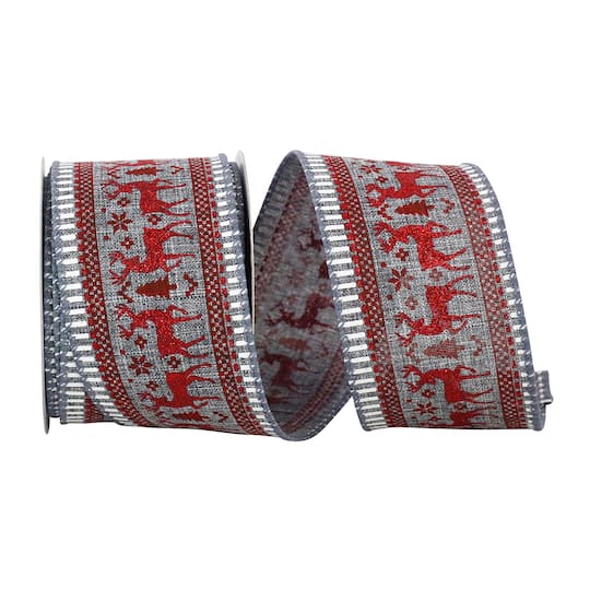 Reliant 2.5" x 10yd. Gray Deer Glitter Scene Wired Ribbon